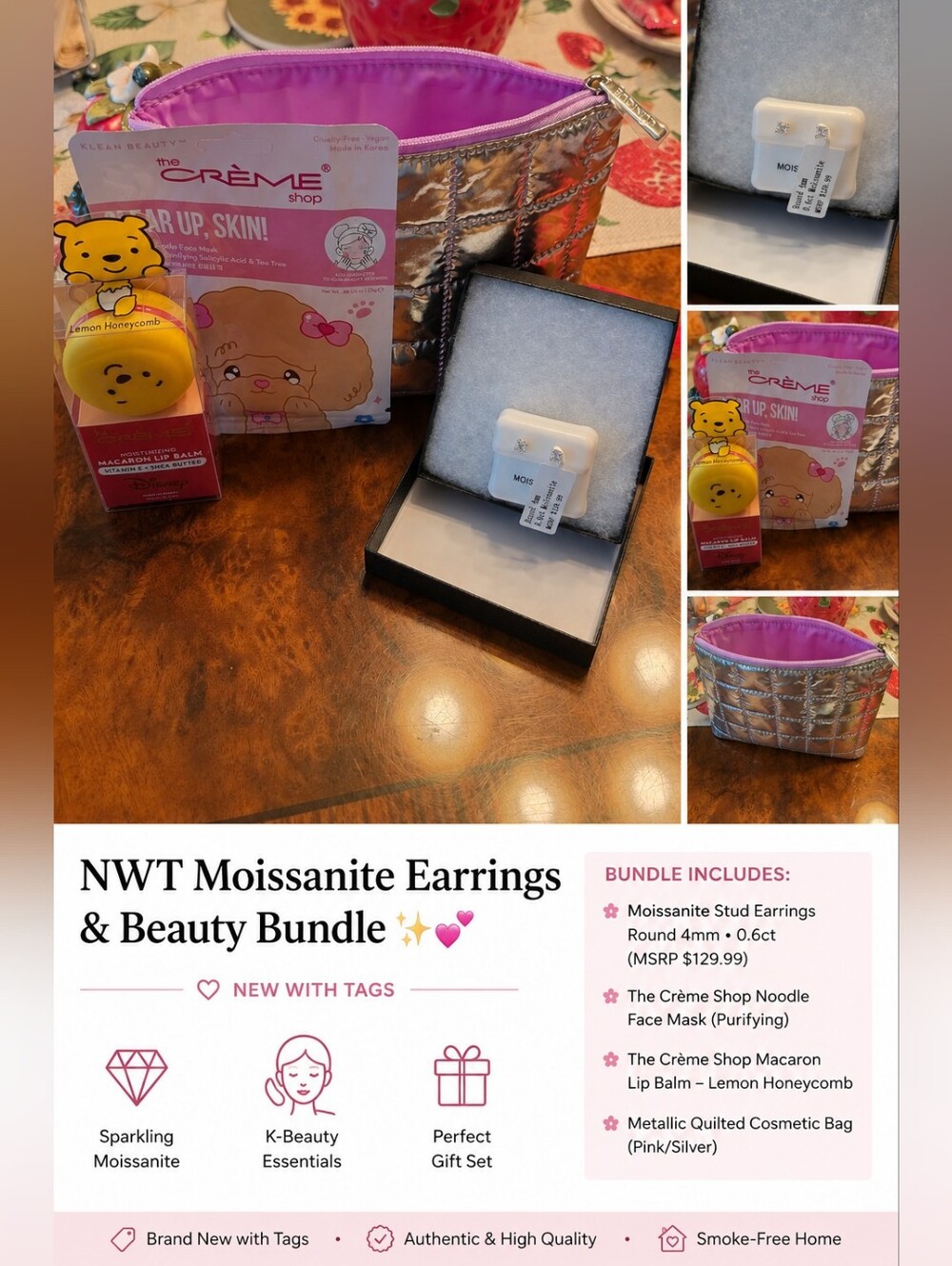 NWT Moissanite Stud Earrings with Pink/Silver Quilted Cosmetic Bag Bundle